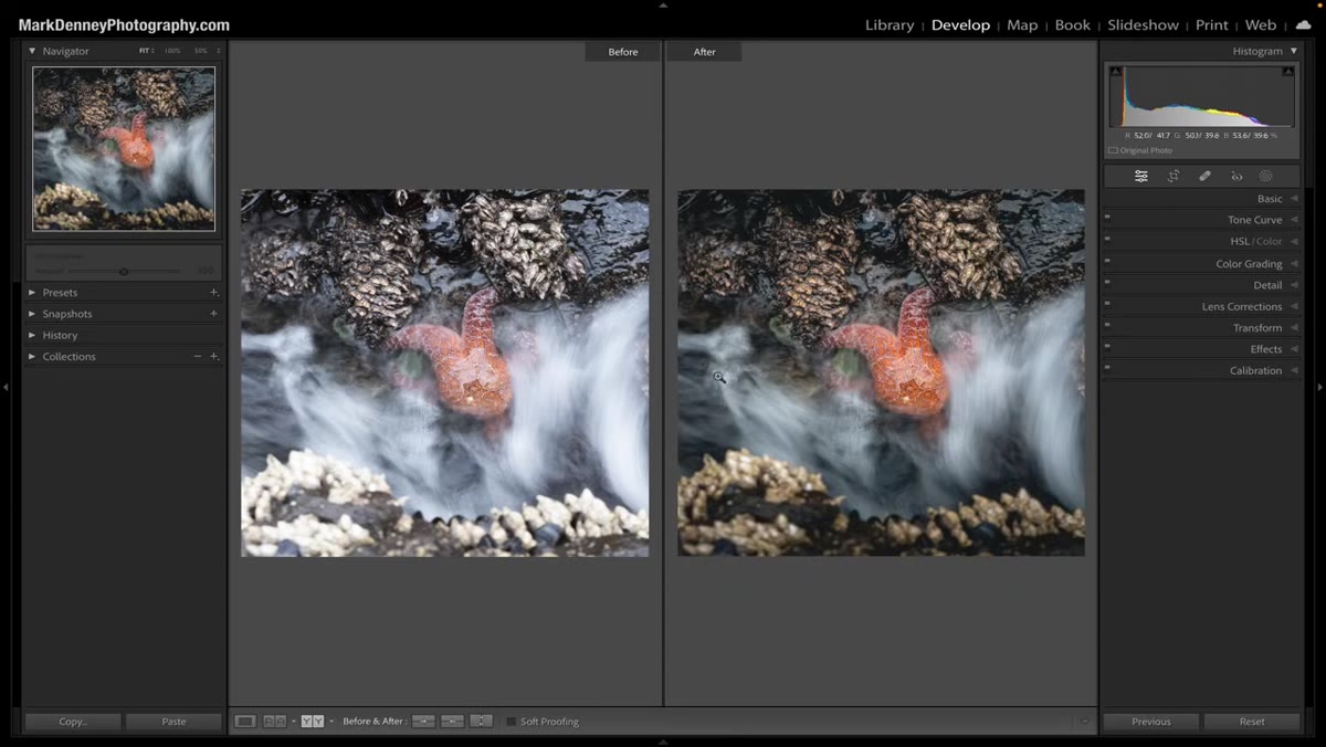 Split screen showing unedited raw image beside finished edit