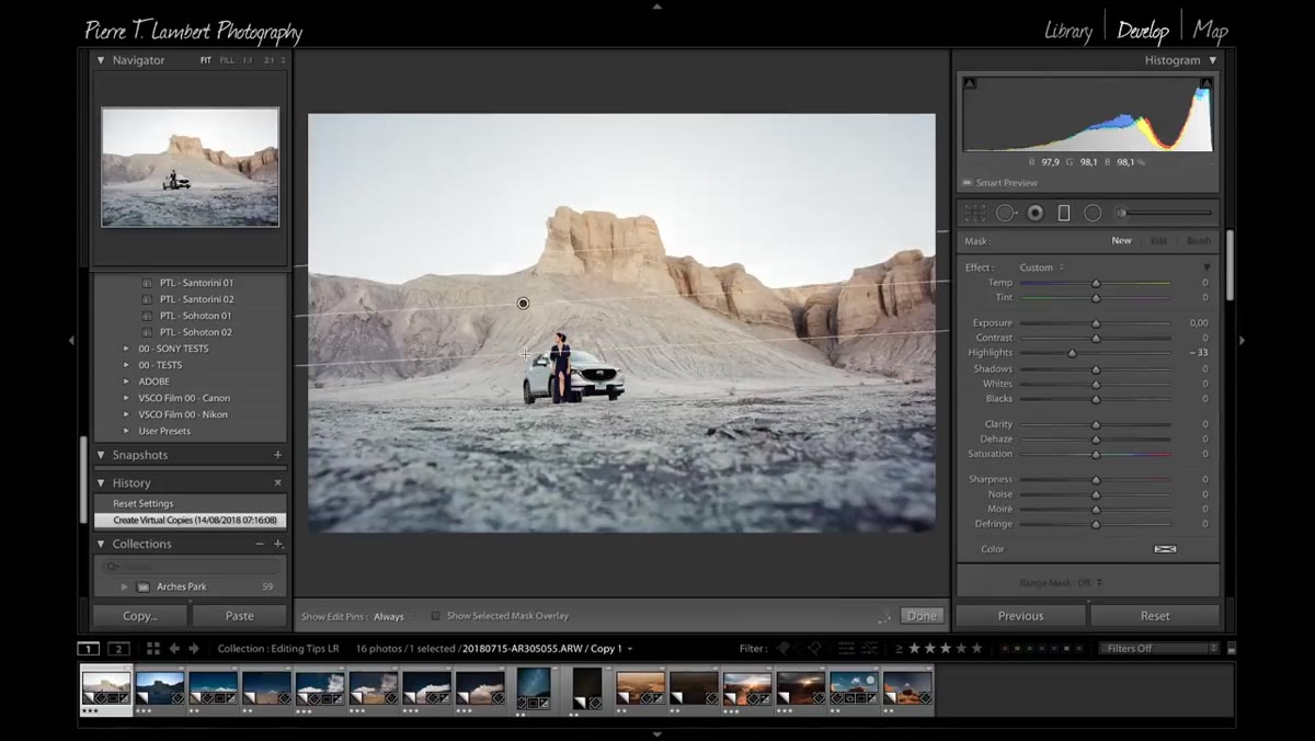 Red overlay mask revealing gradient filter area on a photo