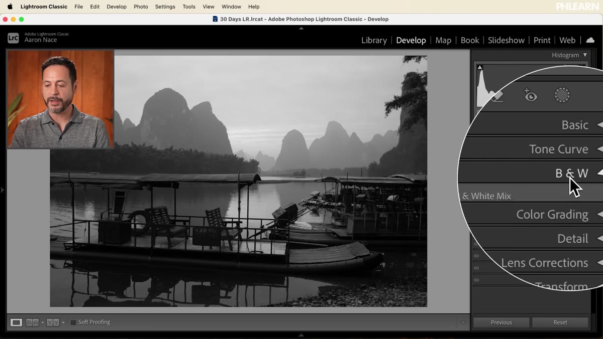 Black and White Mix panel open with color channel sliders visible