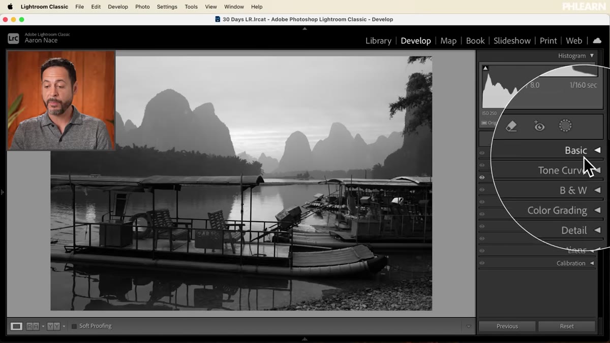 Basic panel open with Contrast and Exposure sliders being adjusted