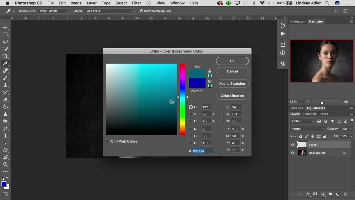 Teal color selected in color picker for shadow tone