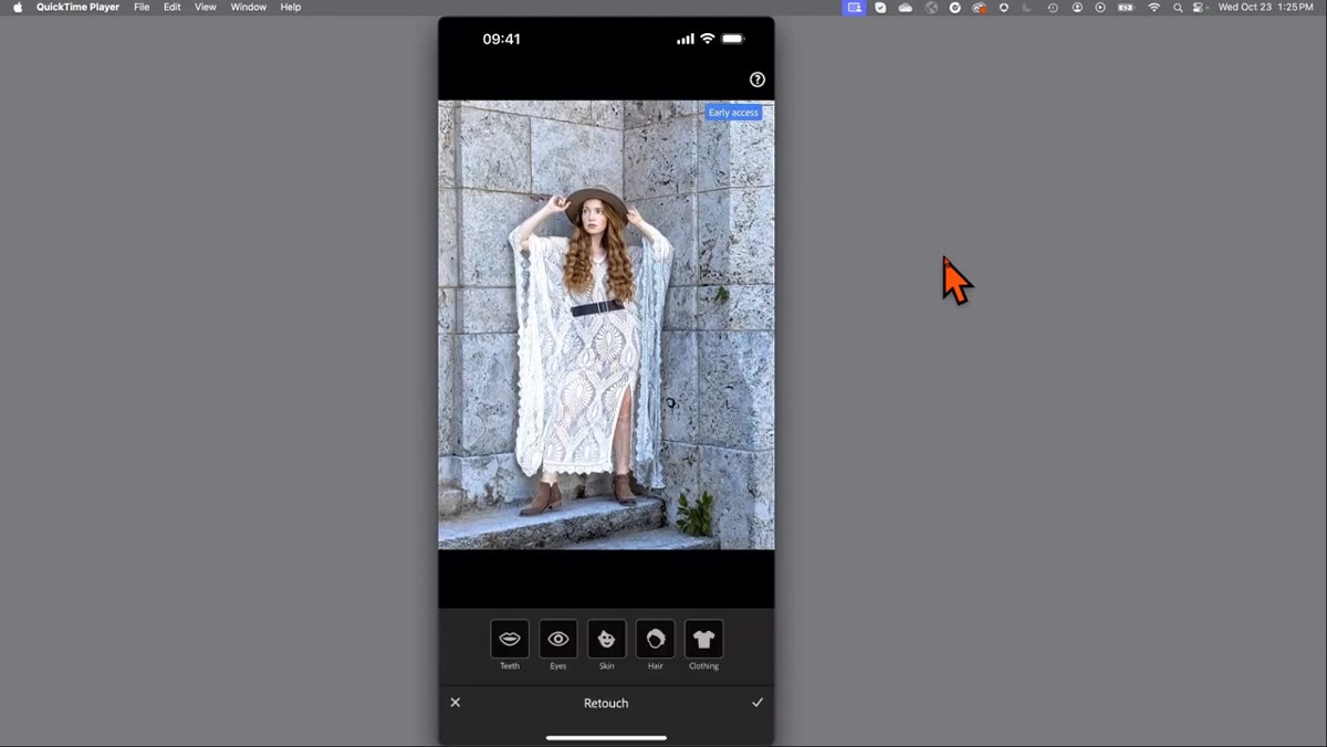 Retouch panel open showing skin, hair, and clothing preset options