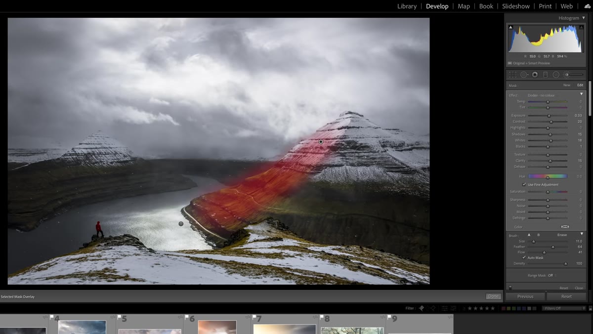 Red overlay showing brush mask coverage with &lsquo;O&rsquo; key active