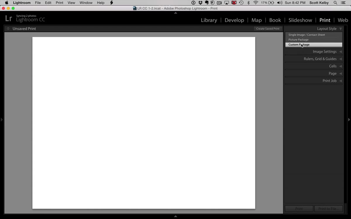 Print Module open with Custom Package layout style selected