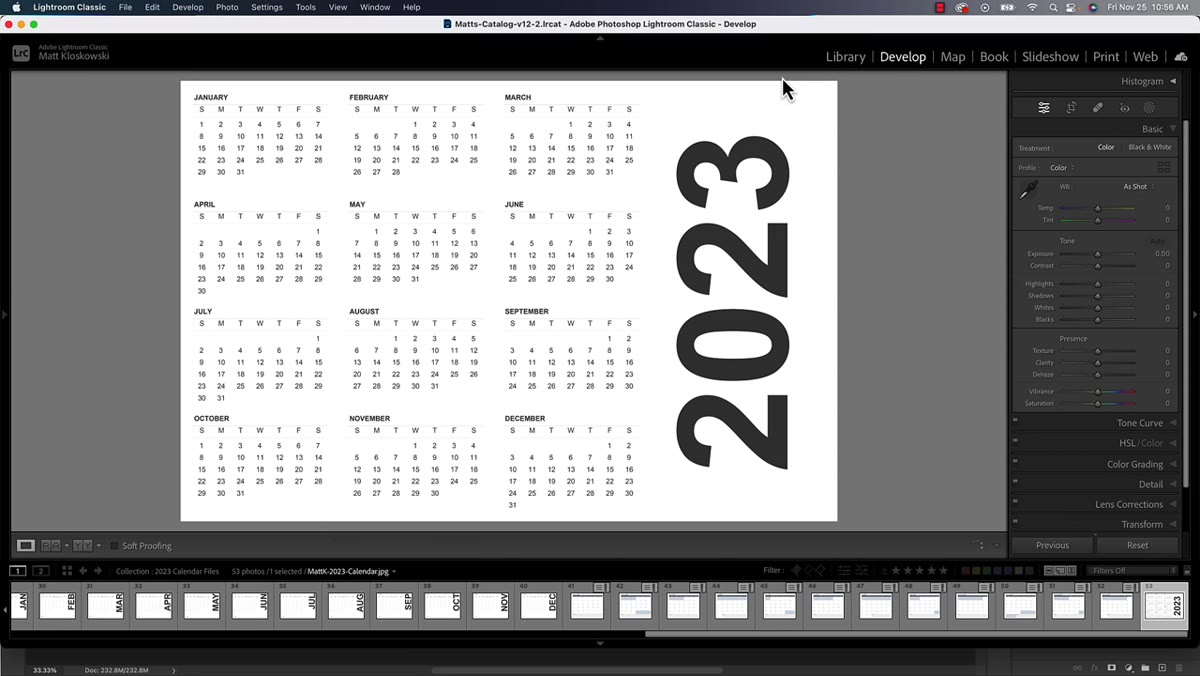 Lightroom library showing imported calendar JPEG in filmstrip