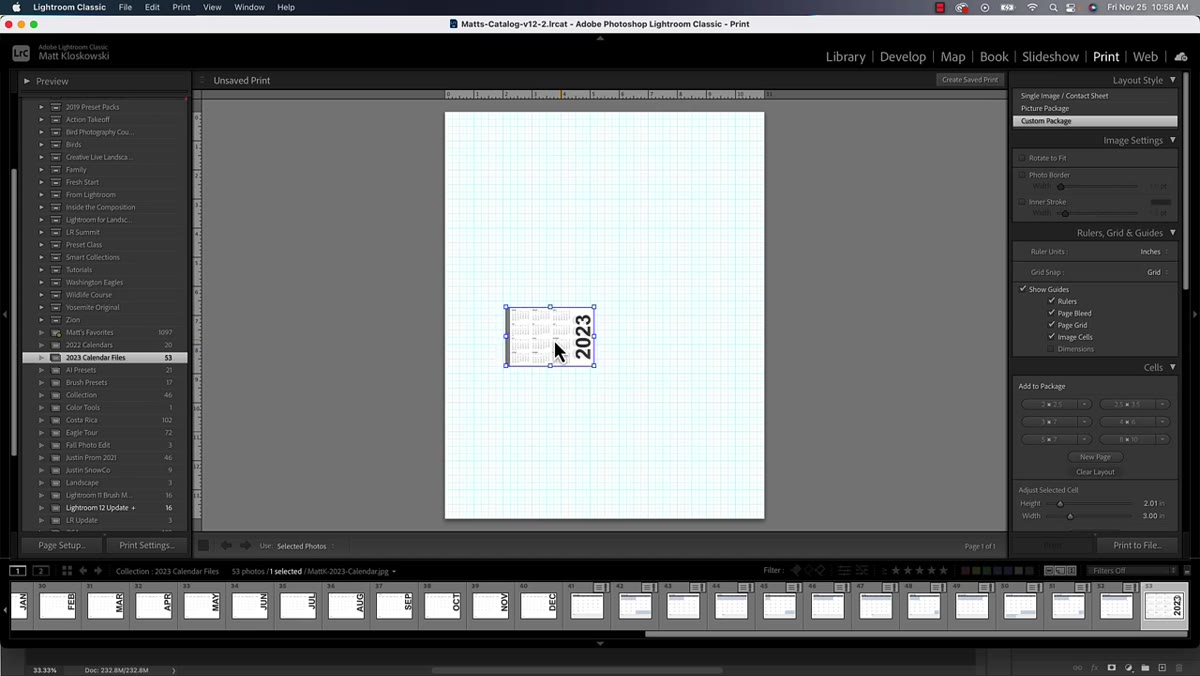 Calendar JPEG being dragged from filmstrip onto print canvas