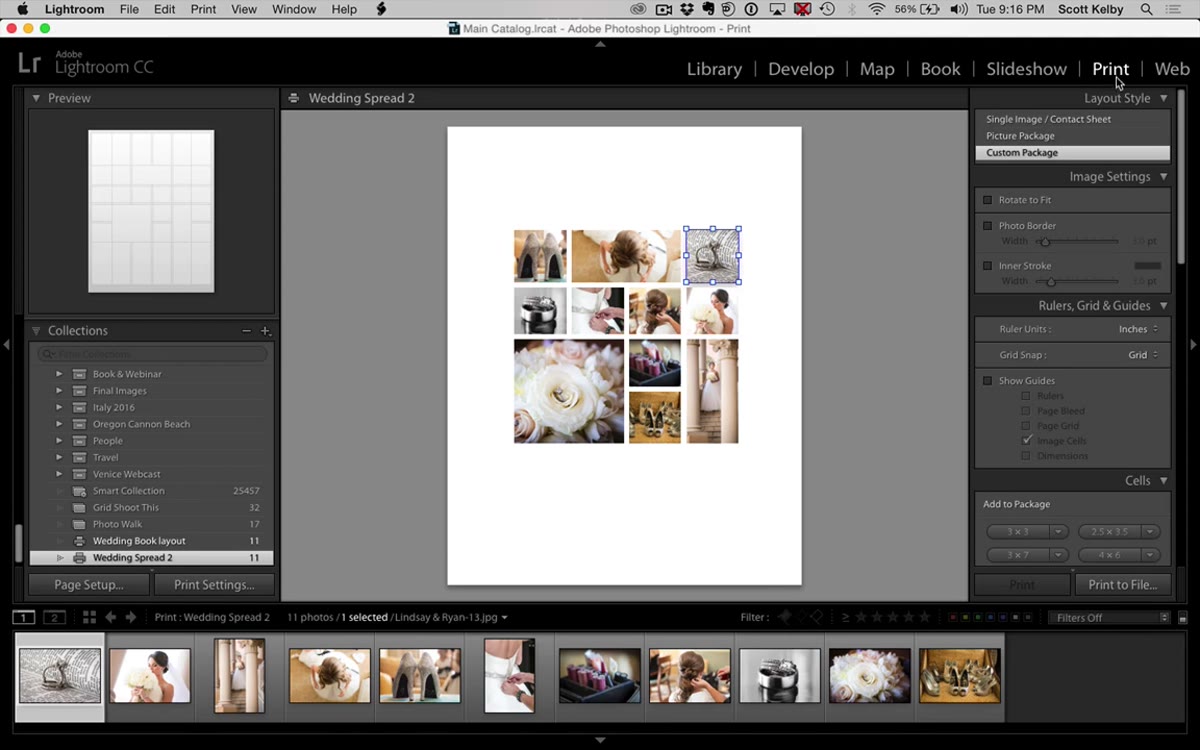 Print module open, Custom Package selected in layout style panel