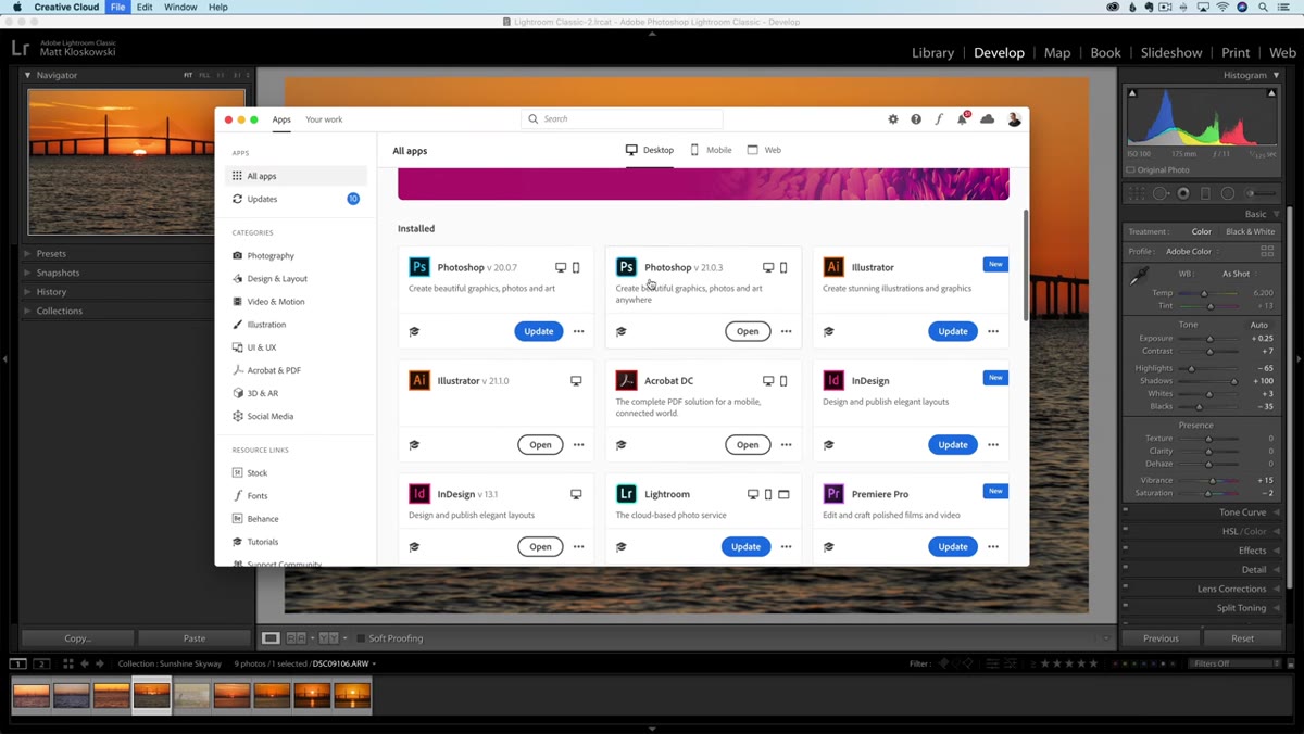 Adobe Creative Cloud updater showing Lightroom Classic 9.2