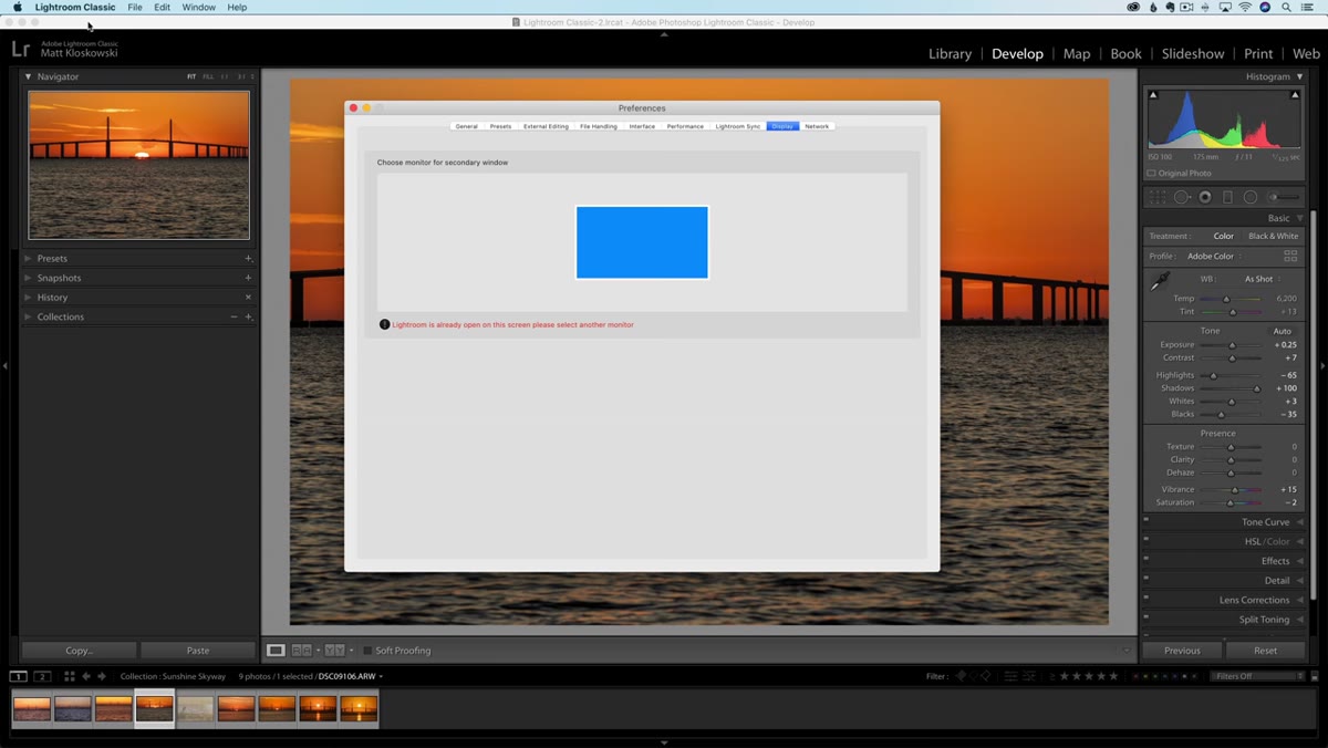 Lightroom Preferences window open on the Presets tab