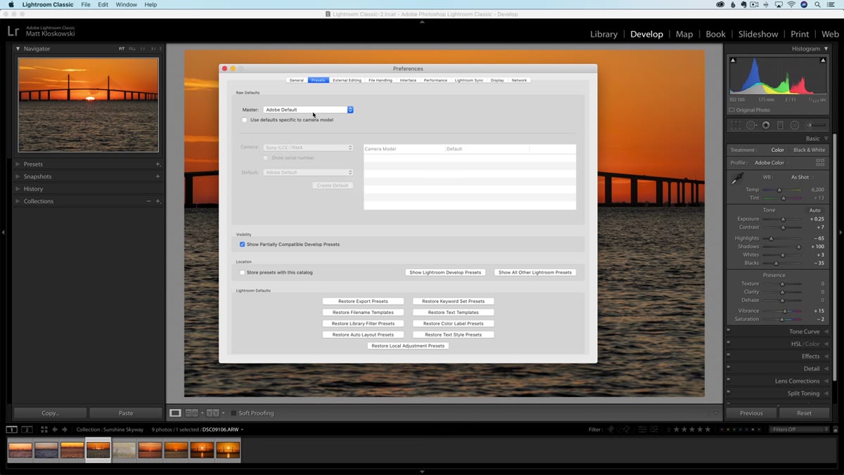 RAW Defaults dropdown showing Adobe Default and Camera Settings options