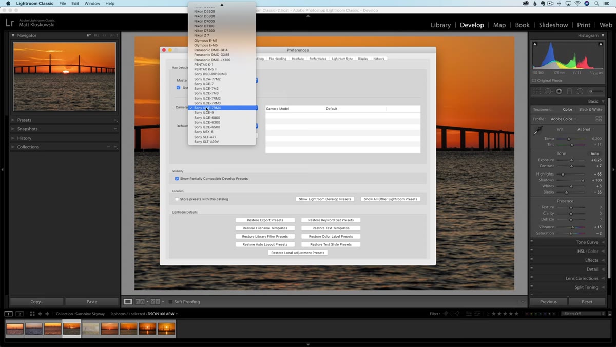 Camera model and serial number fields under RAW Defaults settings