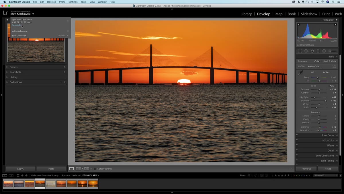 Lightroom Classic interface showing the Sync FAQ link in the top corner