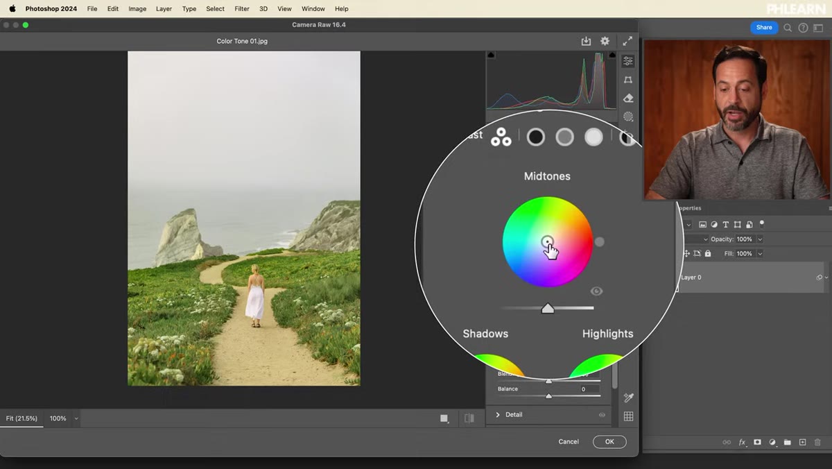 Dragging shadow color wheel outward to select hue