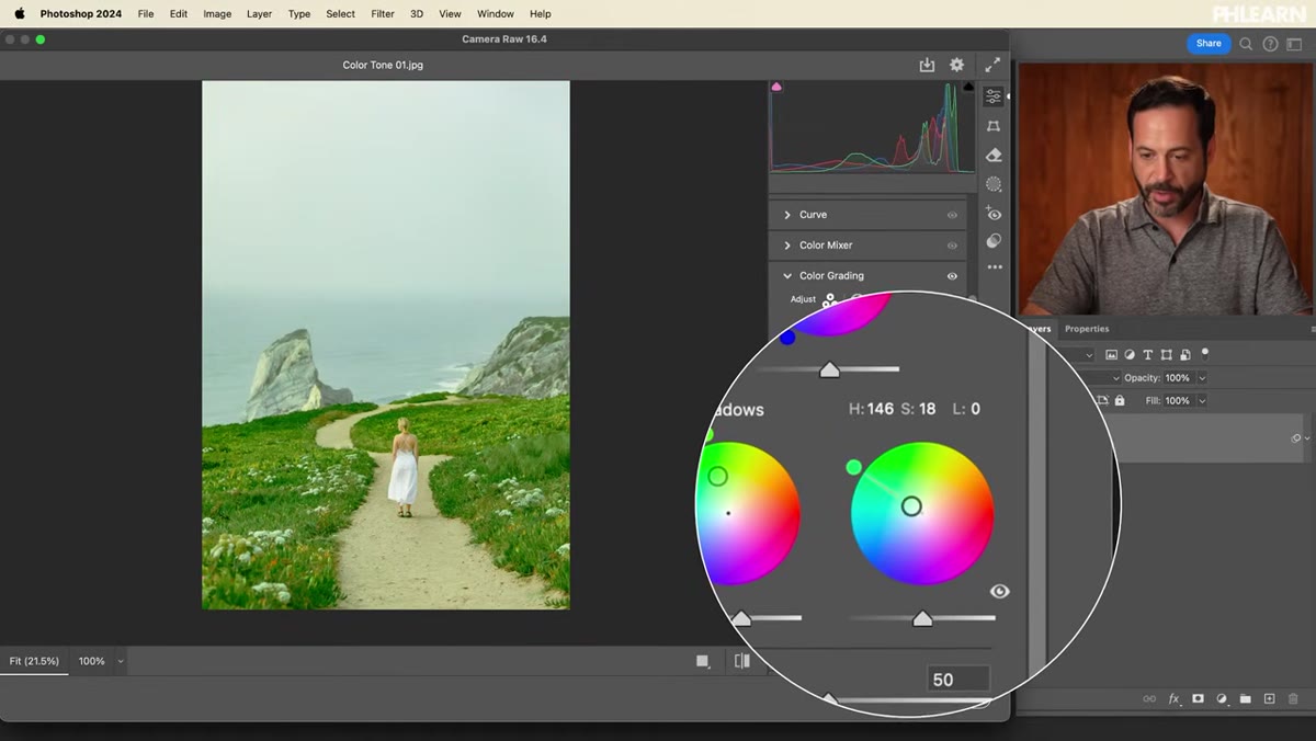 Highlights wheel adjusted with warm tone, before/after preview toggled