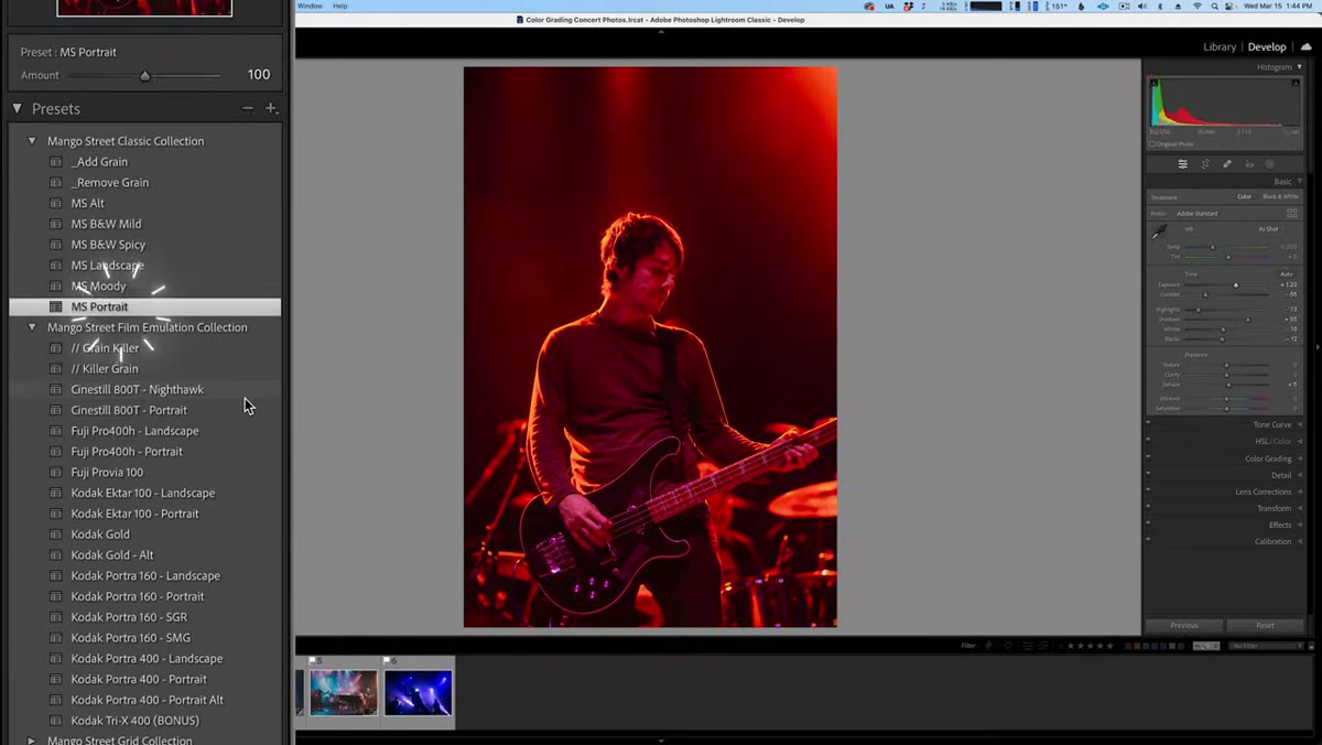 Applying a base preset to the raw concert image