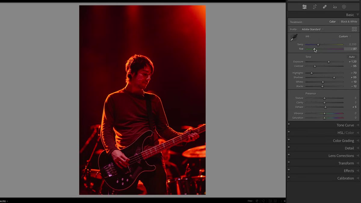 White balance and calibration panel adjustments in Lightroom