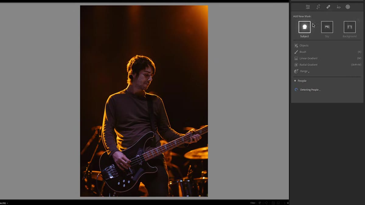 Creating a subject mask over the performer in Lightroom