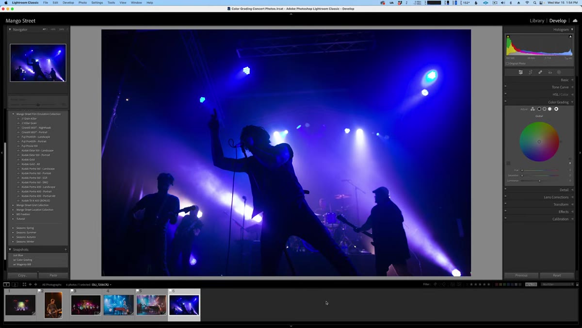 Bold stylized edit with blue and magenta color split in concert photo