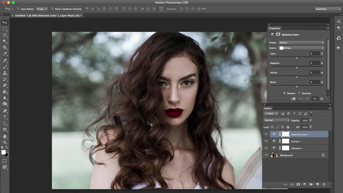 Selective Color panel open showing Reds and Neutrals tabs