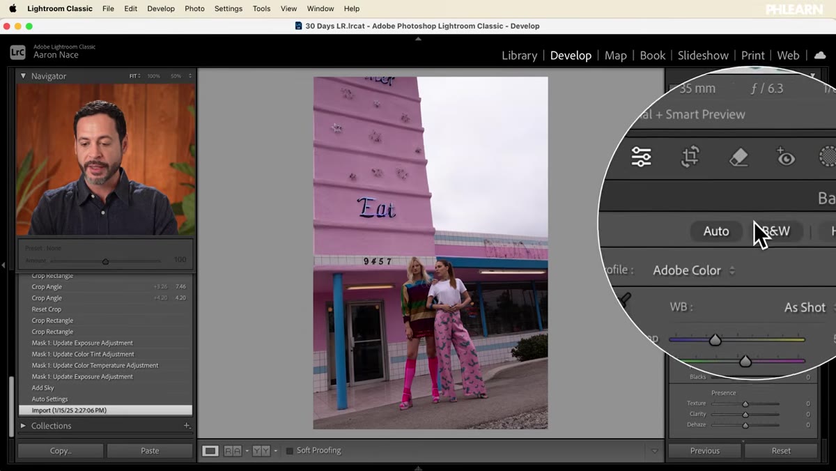 Clicking Auto in the Basic panel to apply initial adjustments