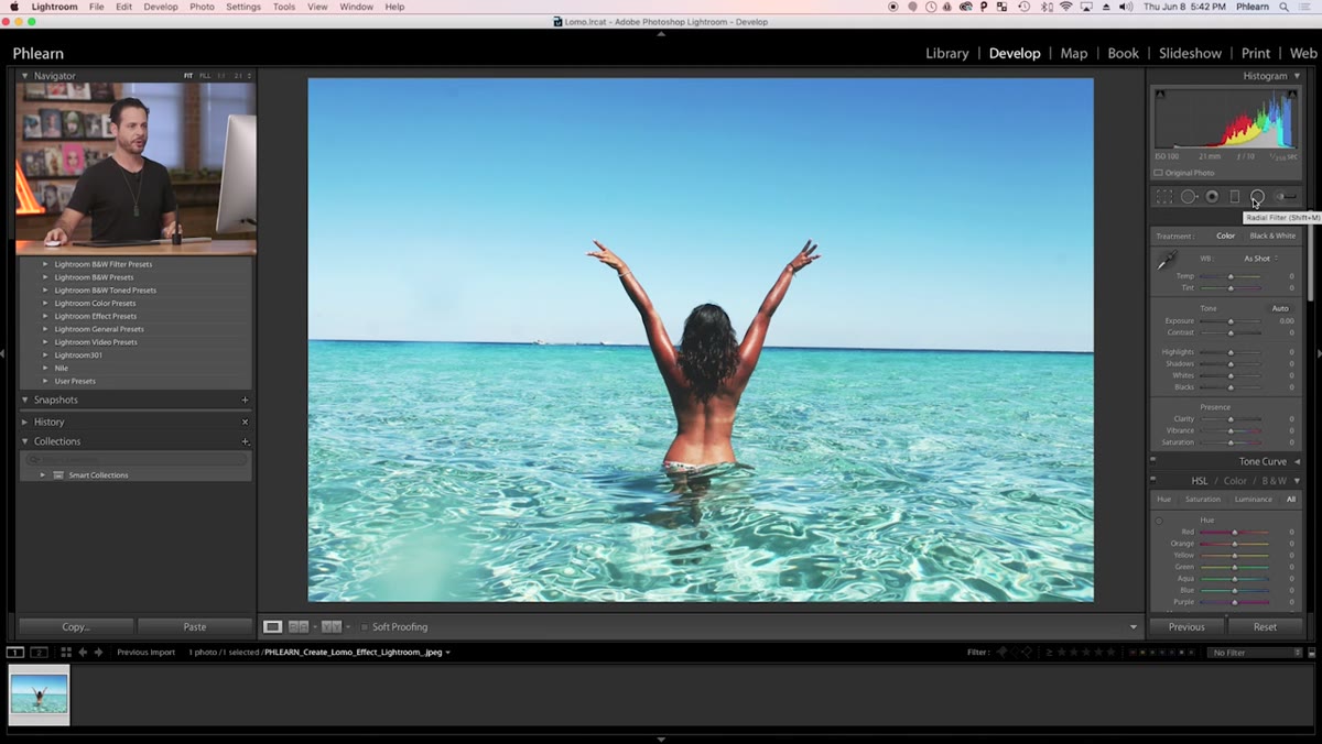 Radial filter menu open with all sliders at zero