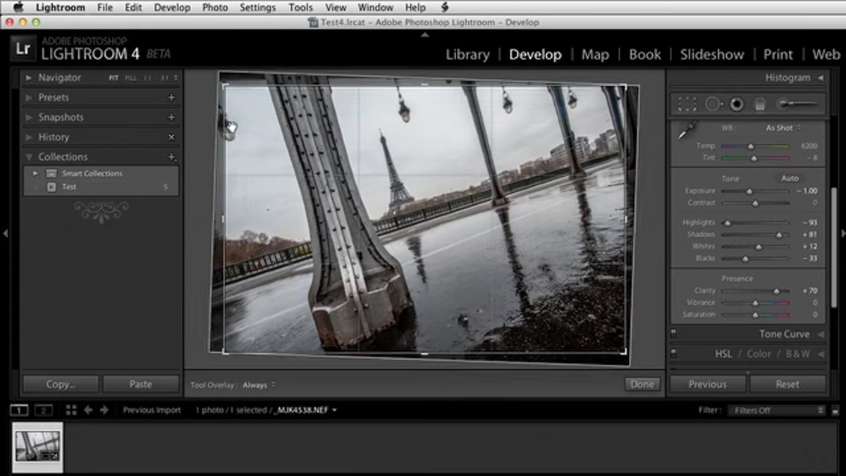 Crop tool open with slight rotation applied to the frame