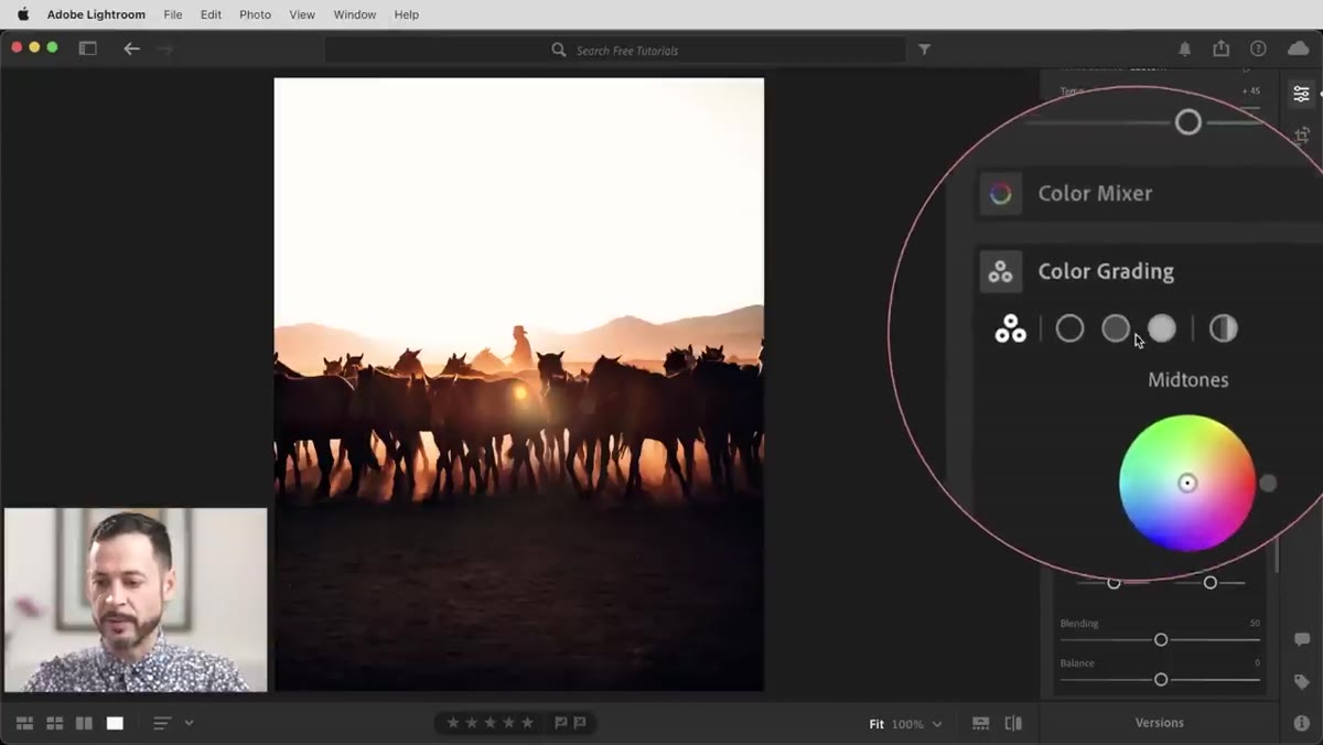 Color Grading panel open with three tonal wheels visible