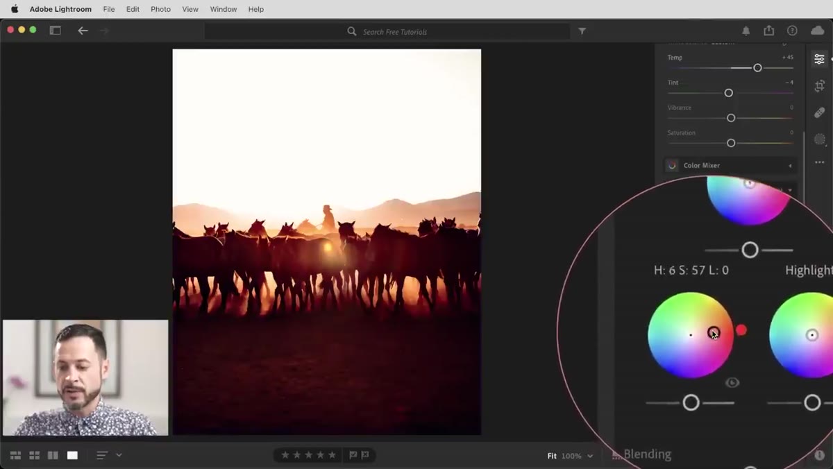 Shadow color wheel being dragged to warm orange position