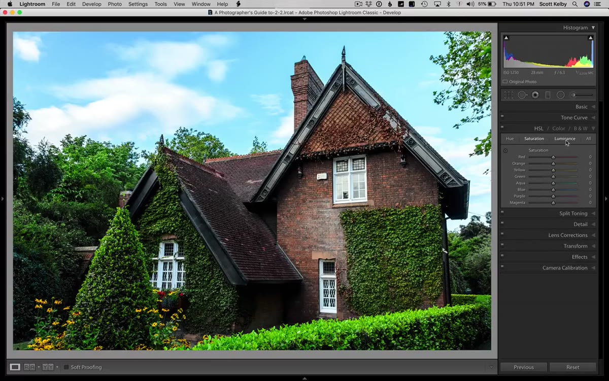 HSL panel open on Luminance tab with Blue channel being dragged left