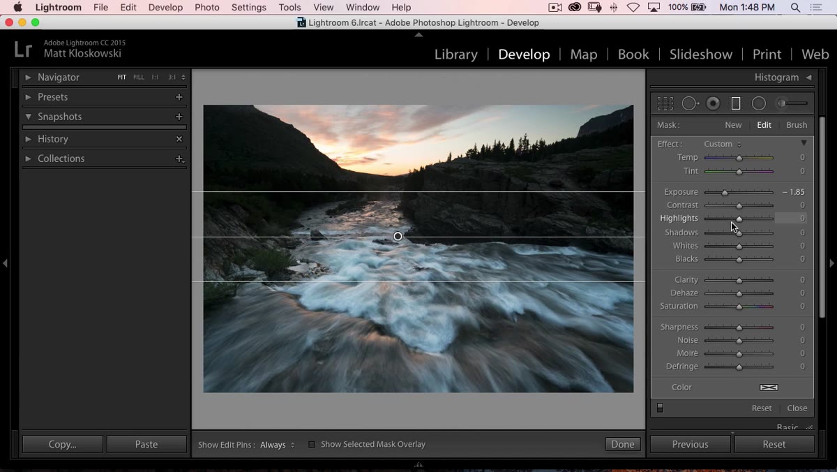 Highlights slider being adjusted slightly in graduated filter panel