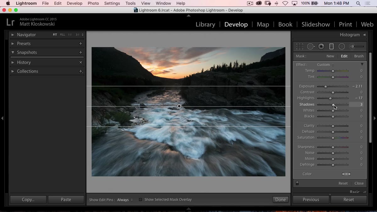 Shadows slider being raised inside the graduated filter adjustment