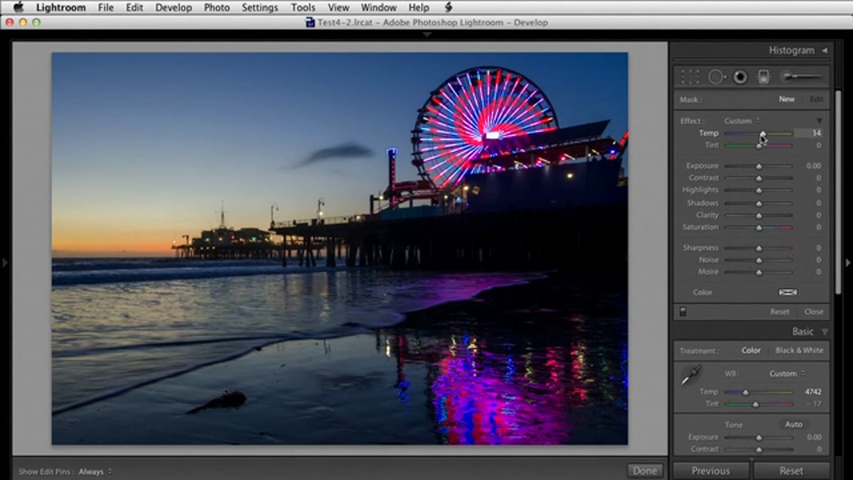 Graduated Filter panel open, Temperature slider at default zero