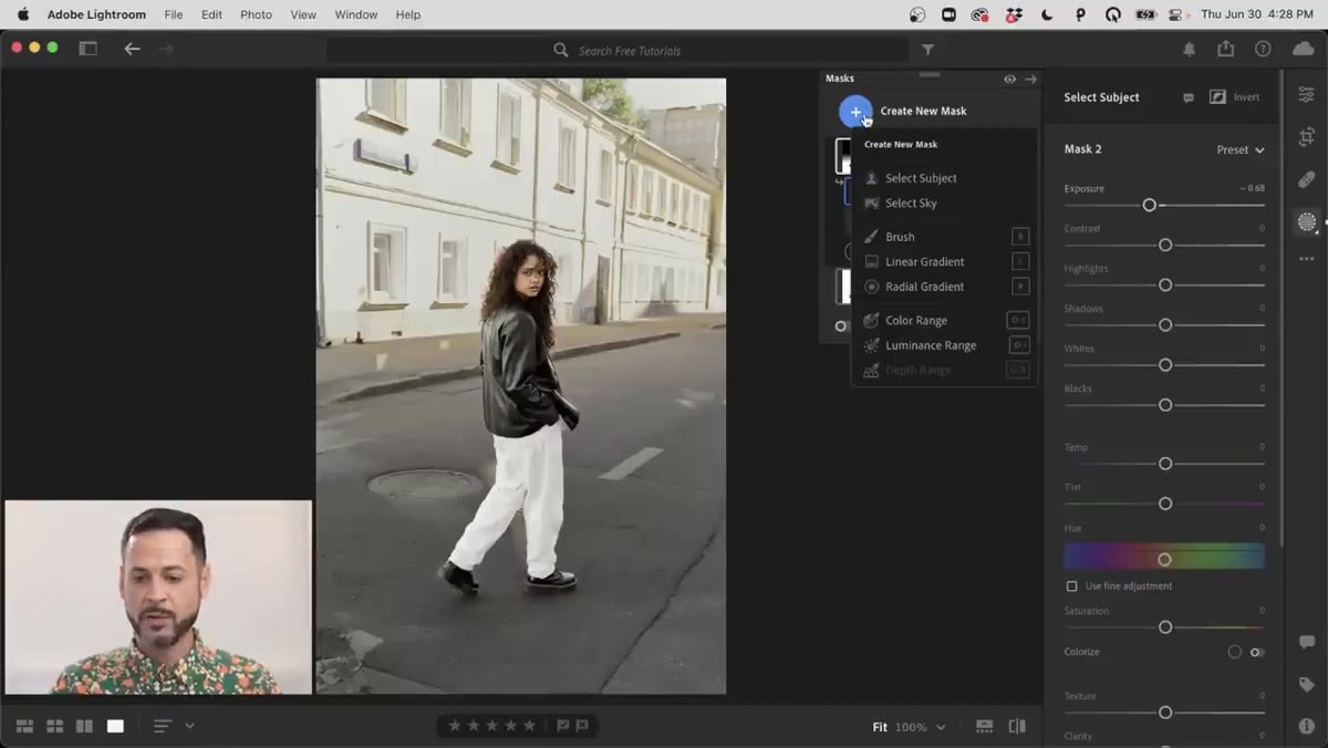 Creating a new Subject mask to paint away the jacket and shoes