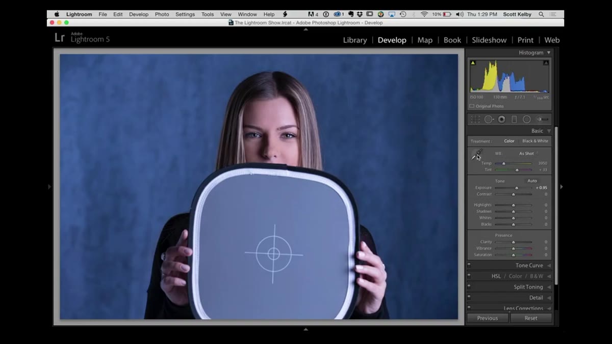 White balance eyedropper tool selected in Lightroom Develop panel