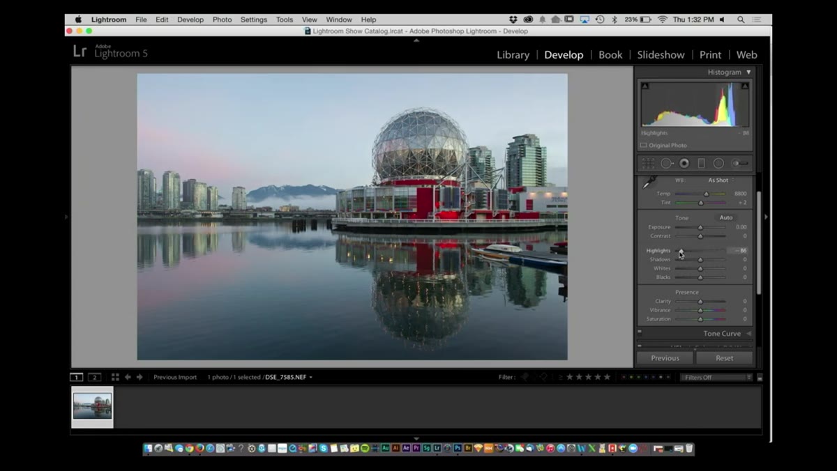 Highlights slider being pulled down in Lightroom Basic panel
