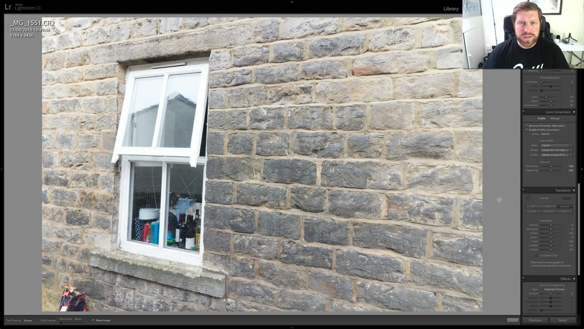 Two vertical guide lines drawn along building edges in the image