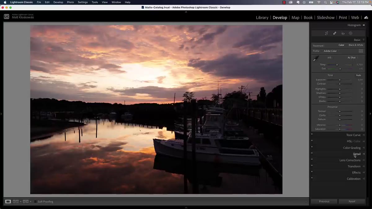 Detail panel open, Lens Corrections checked in Lightroom