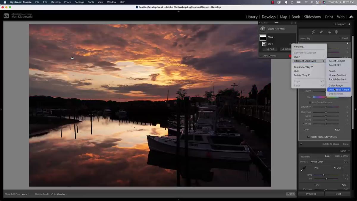 Intersect with Luminance Range option shown in mask panel