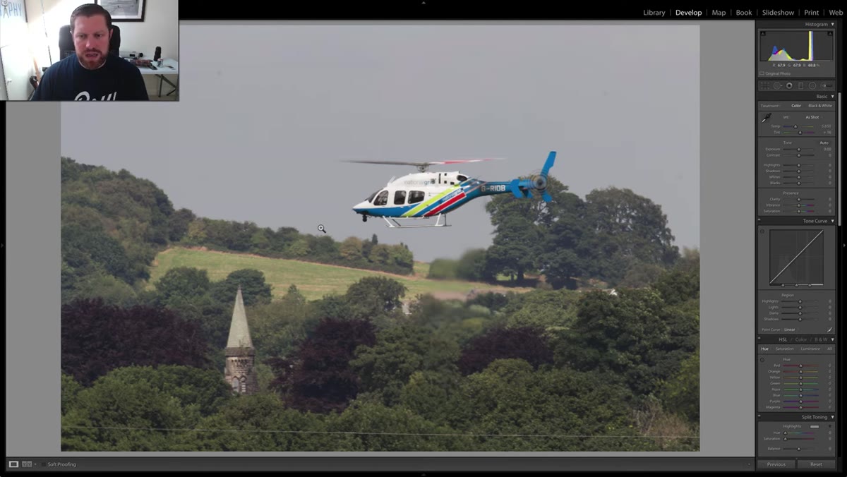 Lightroom crop tool active, helicopter repositioned using rule of thirds