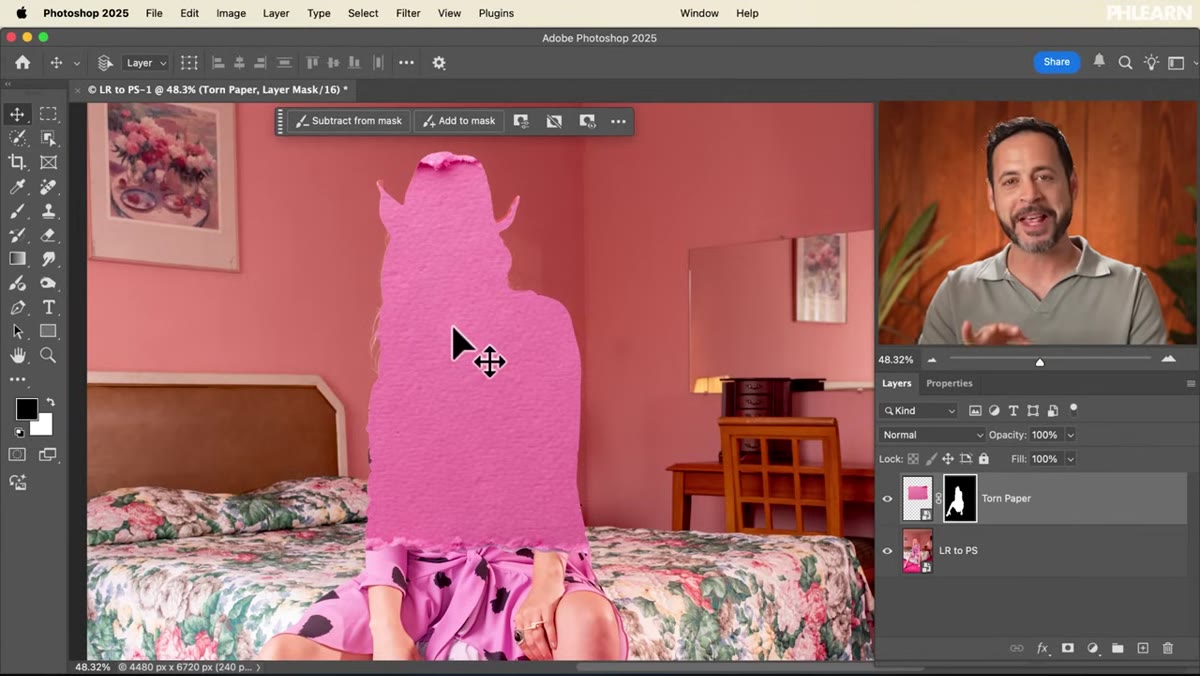 Layer mask applied to torn paper layer, mask thumbnail visible