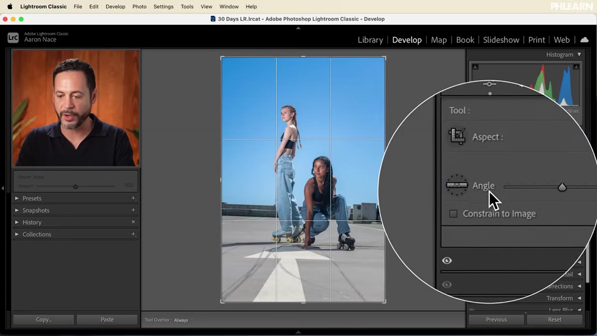 Angle correction tool tracing the horizon line