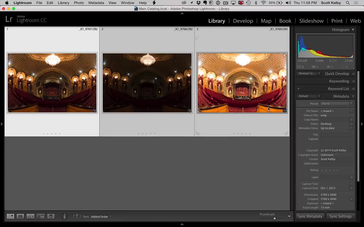 Three bracketed frames selected in Lightroom grid view