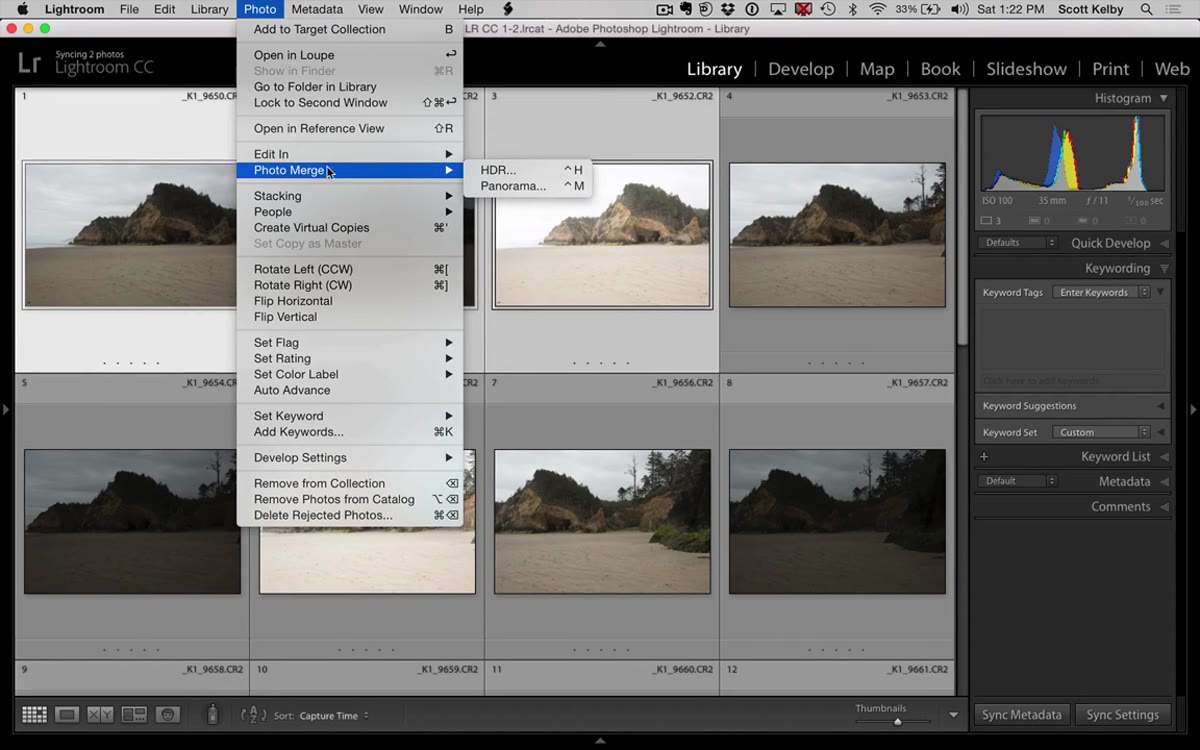 Selecting three bracketed images in Lightroom grid view