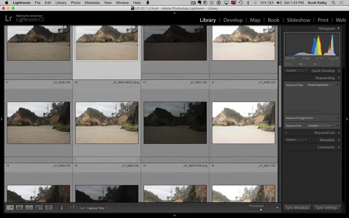 Six completed HDR DNG files visible in Lightroom filmstrip