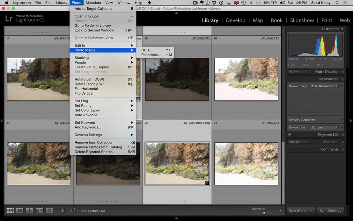 All six HDR DNGs selected before Panorama merge