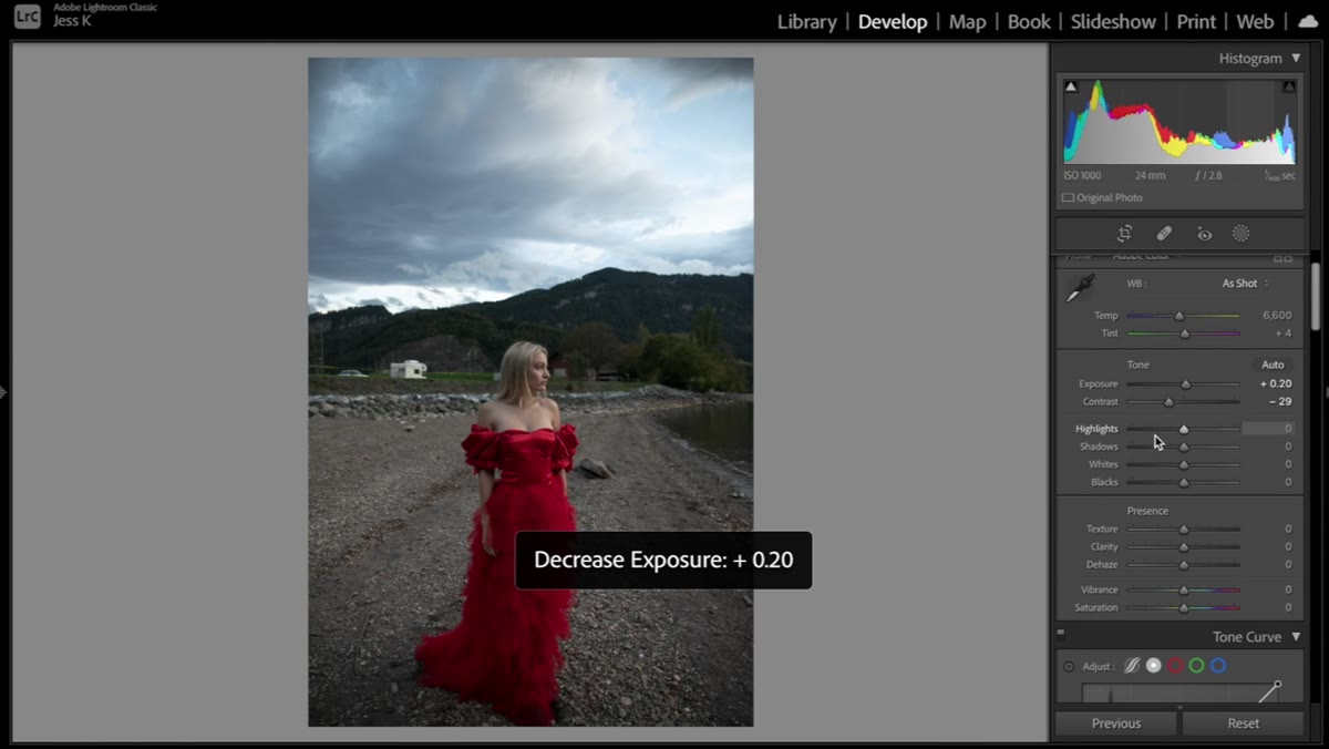 Lightroom exposure slider being increased on portrait