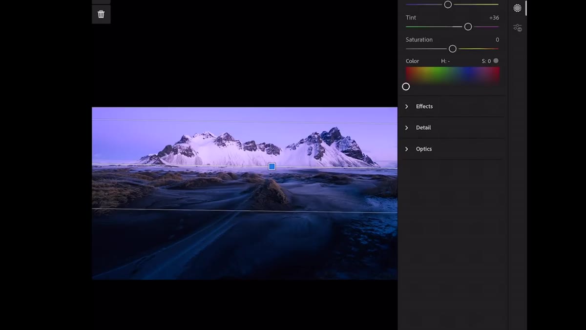 Graduated filter panel showing tint adjustment on sky