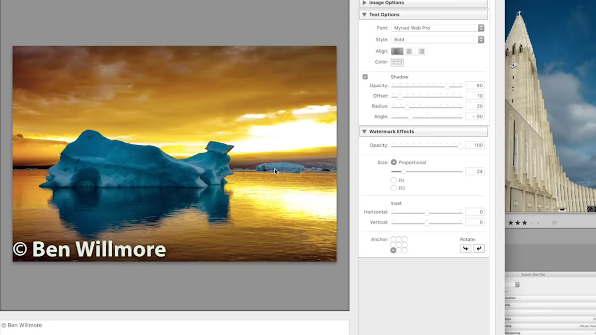 Shadow settings panel with opacity, offset, radius, and angle controls
