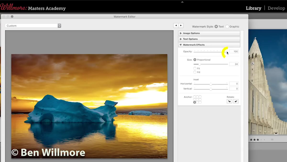 Watermark Effects panel showing opacity, size, and inset sliders