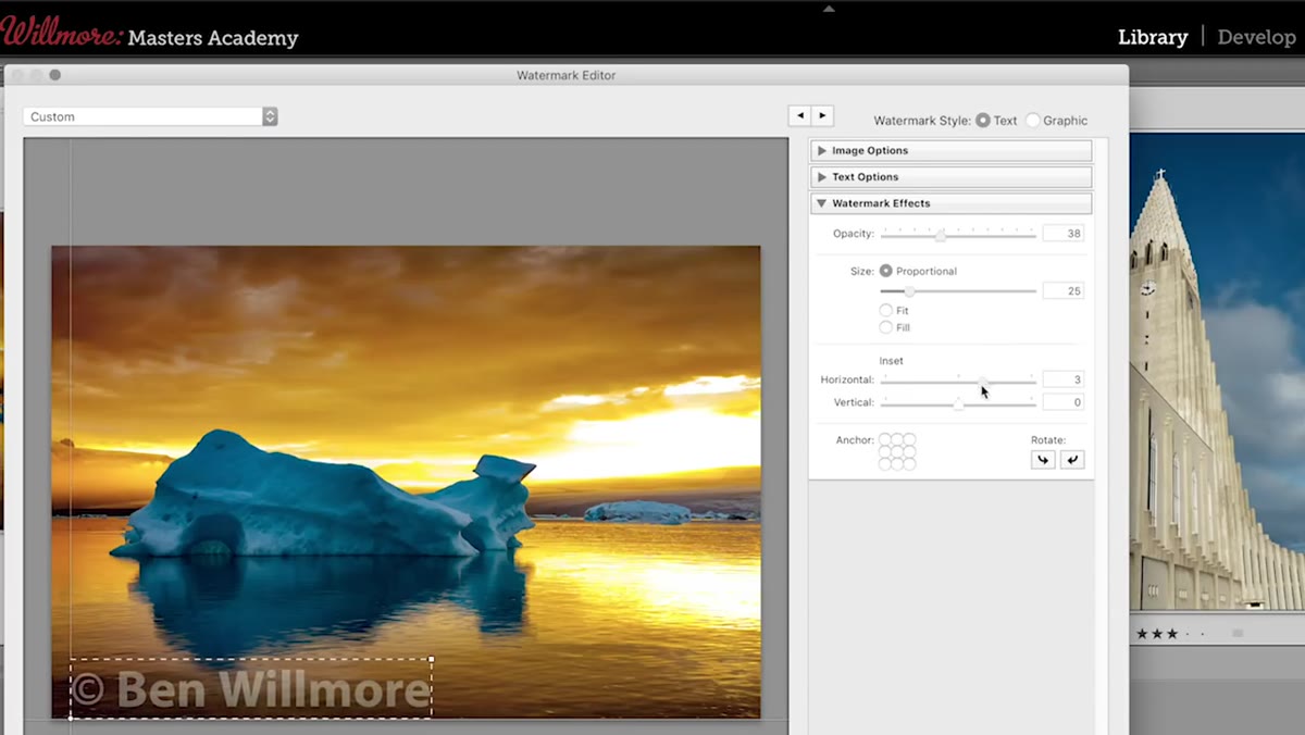 Anchor grid showing watermark placement options in the editor